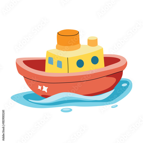 Toy boat floating on the sea with waves. Transport for playing in the wateк for children's. Vector for nursery decor, educational materials and cartoon illustrations.