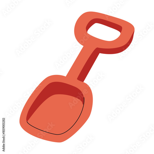 Red plastic sand shovel, beach toys, element for summer vacation, kids illustrations, sandbox play, outdoor fun activities. Vector isolated on white background