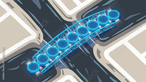 Futuristic bridge with glowing blue octagons digital network concept abstract urban infrastructure i
