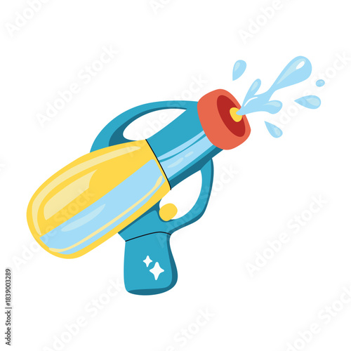 Water gun shooting blue water splash. Vector illustration for summer activities, kids games, outdoor fun, pool party themes 