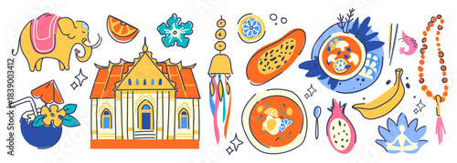 Thailand culture icons with traditional Bangkok temple, thai food dishes and elephant, buddha lotus meditation figure and tropical fruits. Travel landmark elements with ornamental journey vector set.