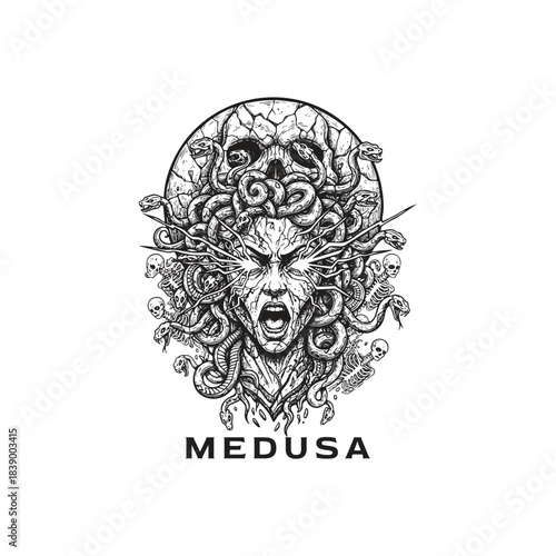 Surreal illustration of Medusa, the Gorgon monster from Greek mythology, depicted with a terrifying, screaming expression, tangled snakes for hair, and surrounded by small skulls and skeletons