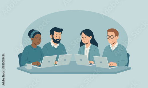 Group of coworkers collaborating with laptops at a table. Focused teamwork, office communication, and modern corporate workflow in flat vector style.