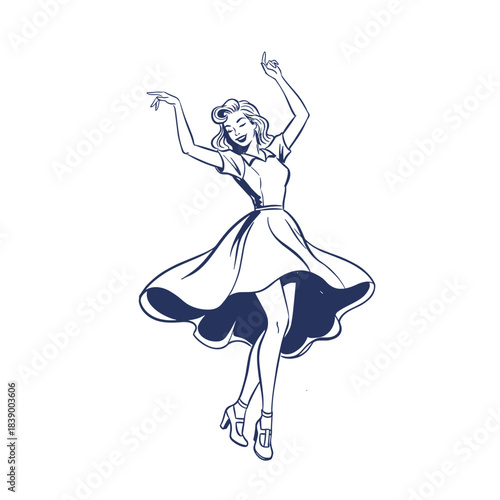 Retro dancing girl.Vintage swing dancer.Happy woman illustration.Pinup style dance.Joyful 50s character