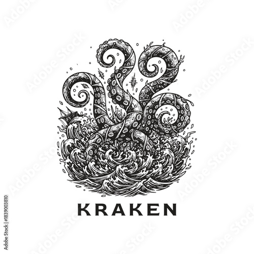 Surreal illustration of the legendary Kraken sea monster, depicting massive, textured tentacles emerging from colossal ocean waves, crushing a small sailing ship caught in the stormy surge