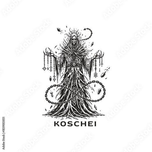 Surreal illustration depicting Koschei the Immortal, a menacing figure from Slavic folklore