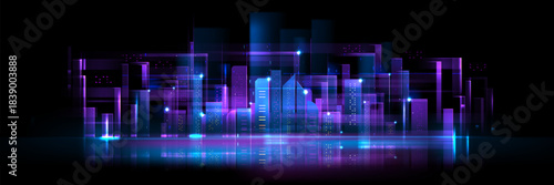 Abstract smart city background with neon buildings on black. Vector realistic illustration of futuristic hi tech cityscape with skyscrapers and light spots, communication network, vr architecture