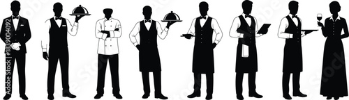 Restaurant Staff Waiters Chefs and Service Professionals Silhouettes Vector Illustration Set: Food Service Industry Catering Event Hospitality Workers Collection