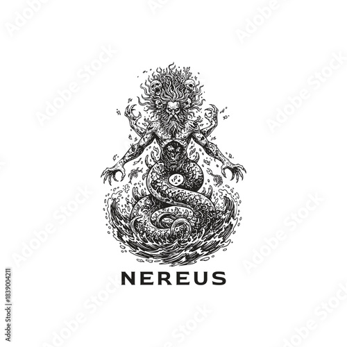 Surreal illustration depicting Nereus, the Greek sea god, the Old Man of the Sea
