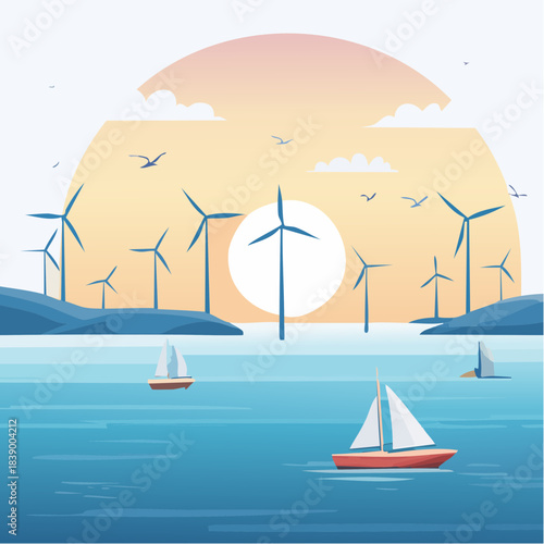 Serene coastal sunrise with wind turbines and sailboats, a tranquil scene of renewable energy and maritime activity under a pastel sky