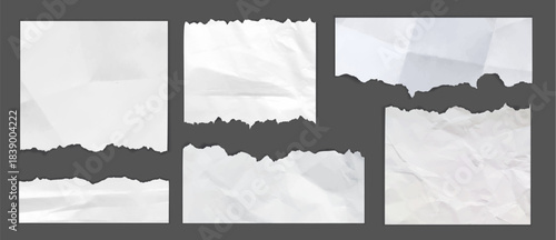 Torn crumpled paper pieces set isolated on background. Vector realistic illustration of blank old notebook sheet or diary page with wrinkled surface, memory note, grunge banner design elements