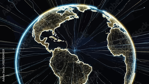 Digital World:  A captivating view of planet Earth enveloped by a network of interconnected lines, symbolizing the digital world and global connectivity.