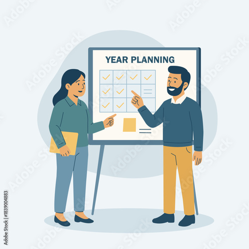 Two coworkers discussing year planning at a whiteboard. Strategy, goals, teamwork, and corporate development visualized in modern flat vector style.