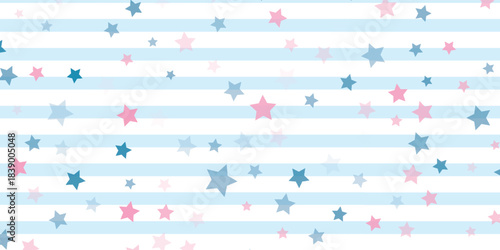 Repeated scattered stars and round dots on uneven striped background. Cute seamless pattern for girls. Endless girly print. Vector illustration.