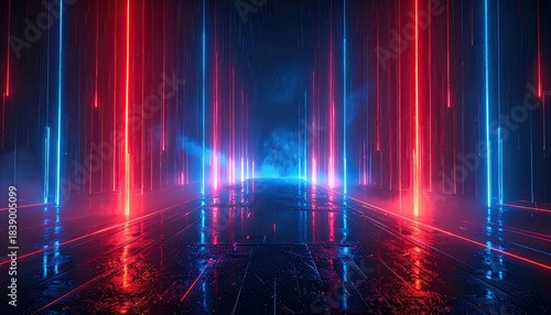 Wallpaper Mural Futuristic tunnel bathed in red and blue neon light reflecting on a wet, metallic surface Torontodigital.ca