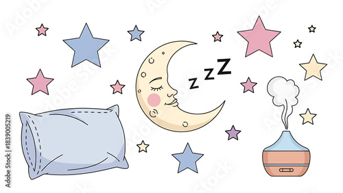 Cozy Nighttime Scene with Moon, Stars, Pillow, and Diffuser.