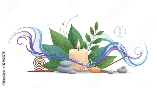 Spa and Wellness Still Life with Candle, Stones, and Leaves.