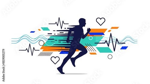 Silhouette of a Runner with Health and Fitness Graphics.