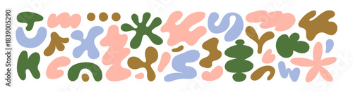 Abstract organic fluid shapes set. Modern liquid doodle forms, natural curvy design elements. Irregular wavy amoeba, leaf, flower, plant. Flat vector illustration isolated on white background