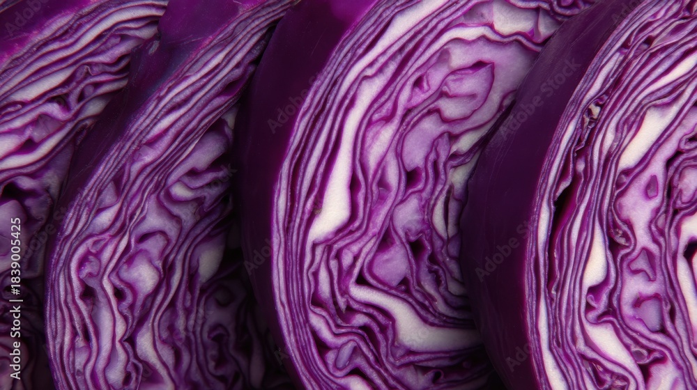 Obraz premium Slices of purple cabbage arranged side by side showing the intricate patterns, colors, and textures of the vegetable
