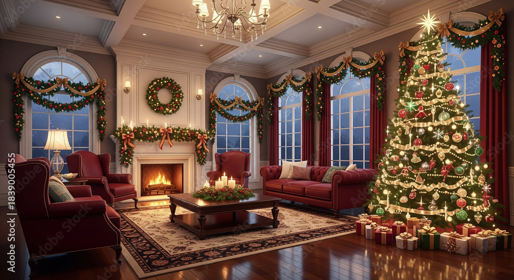 Obraz premium Luxurious Christmas Living Room with Sparkling Tree, Warm Fireplace, and Festive Decorations at Night