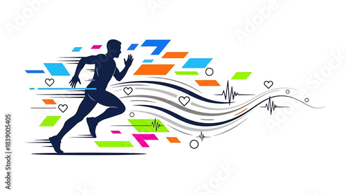 Silhouette of a runner with colorful motion trails and heart symbols.