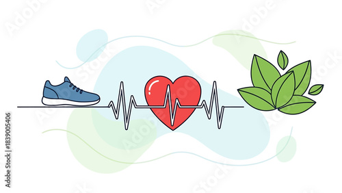 Healthy Lifestyle Concept with Running Shoe, Heartbeat, and Green Leaves.