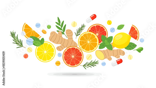 Immunity Boosting Ingredients - Citrus Fruits, Ginger, and Herbs for Health.