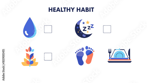 Healthy Habits Checklist - Water, Sleep, Nutrition, Exercise, and Balanced Diet.