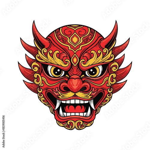 Vibrant red and gold Lunar New Year illustration of a monster mask with sharp horns and teeth on a white background.