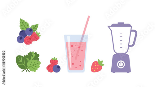 Illustration of a Berry Smoothie with Fresh Ingredients and Blender.