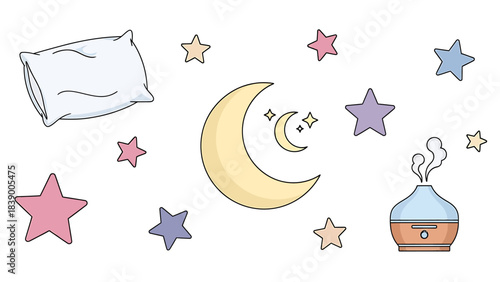 Cozy Nighttime Illustration with Pillow, Moon, Stars, and Diffuser.