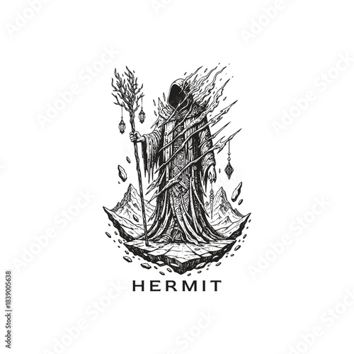 Surreal illustration of the Hermit figure from tarot or mythology, depicted as a shadowy, cloaked, faceless figure holding a mystical, flaming staff with lanterns, standing on a floating, cracked rock