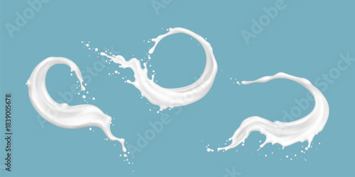 Milk splash with dynamic white waves and scattered droplets on blue. Realistic 3D liquid swirls with flowing circular motion and creamy texture for dairy product packaging and milk beverage design.