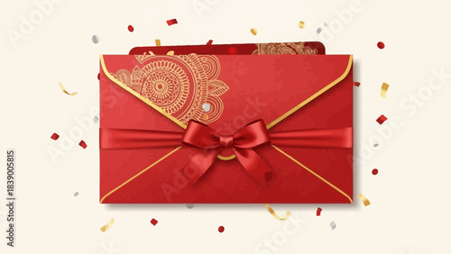 Enchanting Invitation: A close-up view unveils a red envelope, adorned with intricate gold embellishments, a delicate bow, and sparkling confetti, exuding an air of elegance and anticipation.