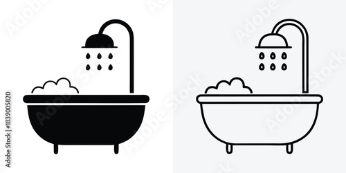 Bathtub silhouette vector, Bathtub icon, Bathtub with shower head icon vector
