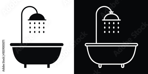 Bathtub silhouette vector, Bathtub icon, Bathtub with shower head icon vector