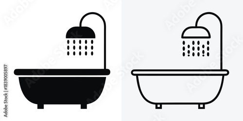 Bathtub silhouette vector, Bathtub icon, Bathtub with shower head icon vector