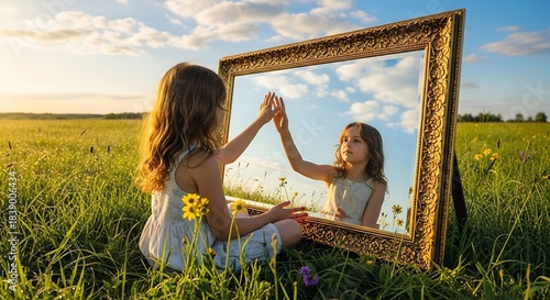 Fototapeta Naklejka Na Ścianę i Meble -  A young girl sitting in a meadow in front of a rectangular mirror with her reflection on it and touching it with one hand.