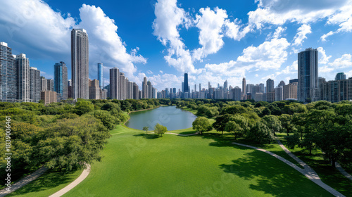 Fototapeta Naklejka Na Ścianę i Meble -  Urban skyline park lake green lawn under blue sky with clouds