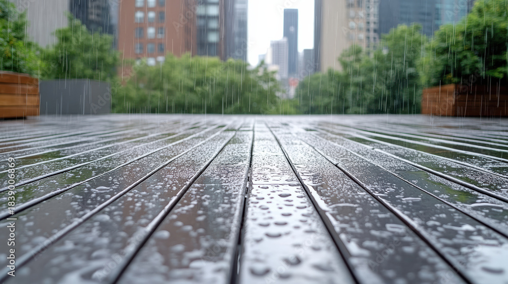 Fototapeta premium Rain drops on wooden deck in city garden during rain, reflective wet surface evokes calm