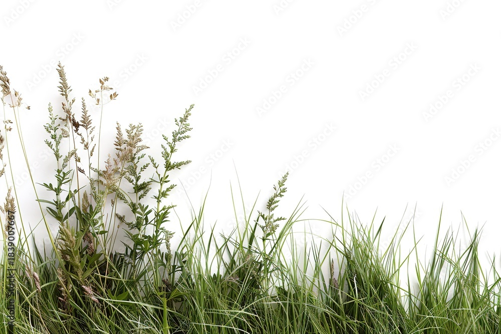 Obraz premium Mixed blades of grass and some weeds grow together in a meadow area. Sunlight shines on the greenery, showcasing the diversity of plants in the space