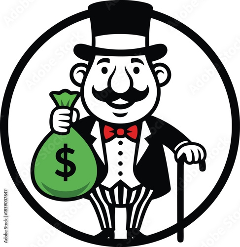Cartoon rich gentleman with a top hat and a mustache proudly holds a big money bag signifying prosperity
