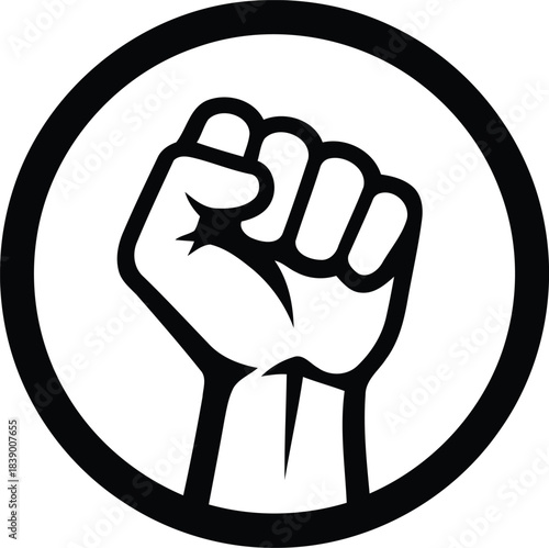 A powerful black fist raised high within a bold circle symbolizes strength unity and determination