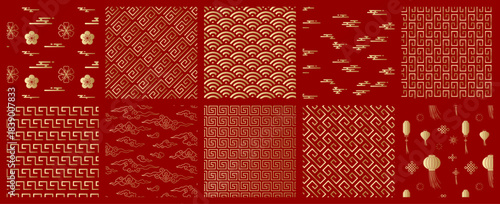 Chinese seamless pattern set, gold and red Asian background