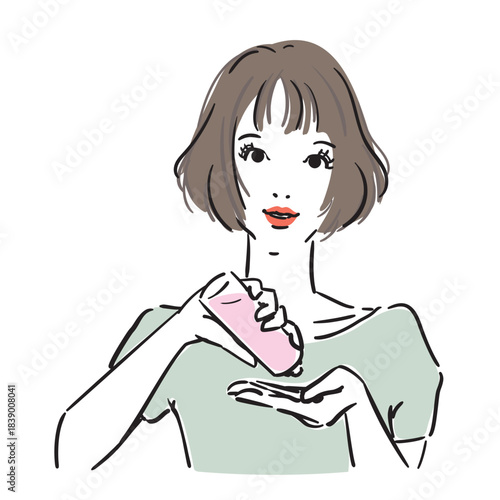 ボブヘアの可愛い女性上半身スキンケア