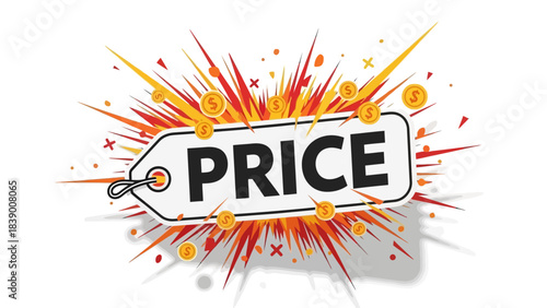 Price Tag Explosion: A dynamic illustration showcases a price tag amidst an eye-catching burst, symbolizing value and cost, emphasizing deals and sales.