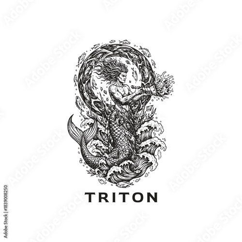 Surreal illustration depicting Triton, the Greek god and messenger of the sea