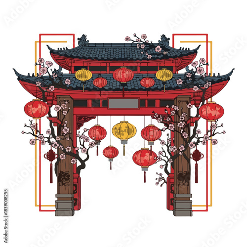 Lunar New Year illustration of a traditional Chinese gate with red lanterns and cherry blossoms on a white background.