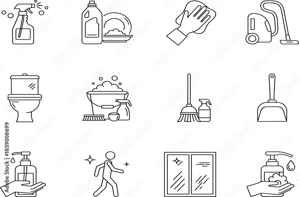 Obraz premium Comprehensive Cleaning and Hygiene Vector Line Icons Set, Including Vacuum, Spray, Toilet, Hand Washing, and Housekeeping Equipment Symbols
